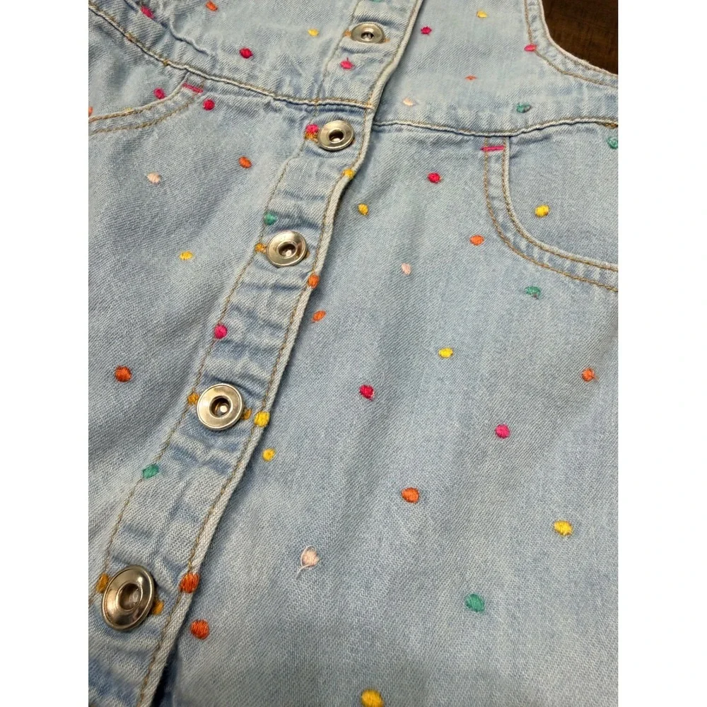 Bopster & Mimi Girls 2T Denim Jumper Dress Embroidered Polka Dot Snap Front Blue